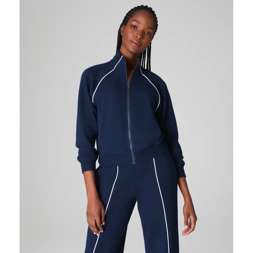 Spanx AirPique Track Jacket Timeless Navy Blue Full Zip Womens Small NWT